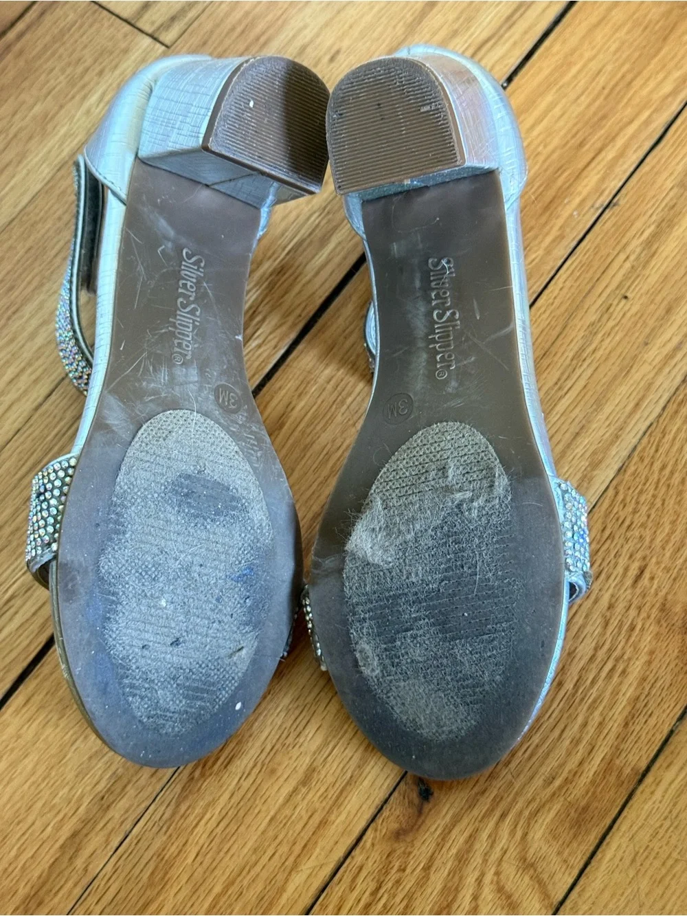 Silver Rhinestone Block Heel Shoes